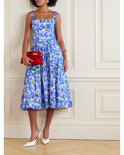 Robe Midi En Popeline De Coton Mélangé À Imprimé Fleuri Et À Plis Carolina Herrera en coloris Blue