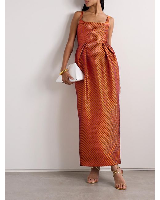 Christopher John Rogers Orange Pleated Striped Metallic Jacquard Maxi Dress