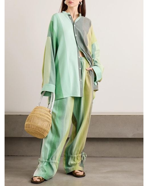 Marrakshi Life Green Oversized Striped Cotton Shirt