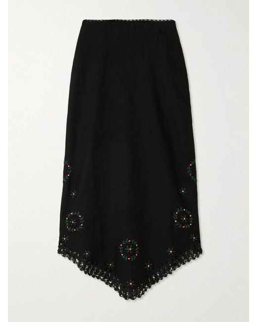 Jupe Midi En Lin Mélangé À Broderies Et À Finitions En Crochet Imola Rixo en coloris Black