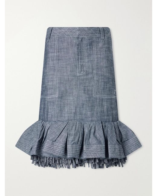 Jacquemus Blue La Jupe Cabana Fringed Ruffled Denim Mid-Rise Midi Skirt