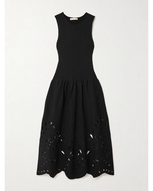 Ulla Johnson Black Midikleid Aus Rippstrick Und Jersey Mit Lochstickerei