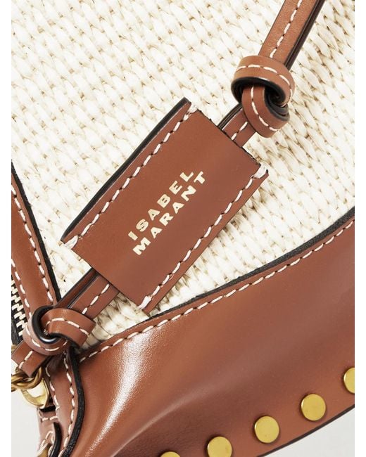 Isabel Marant Natural Oskan Moon Studded Leather-Trimmed Raffia Shoulder Bag