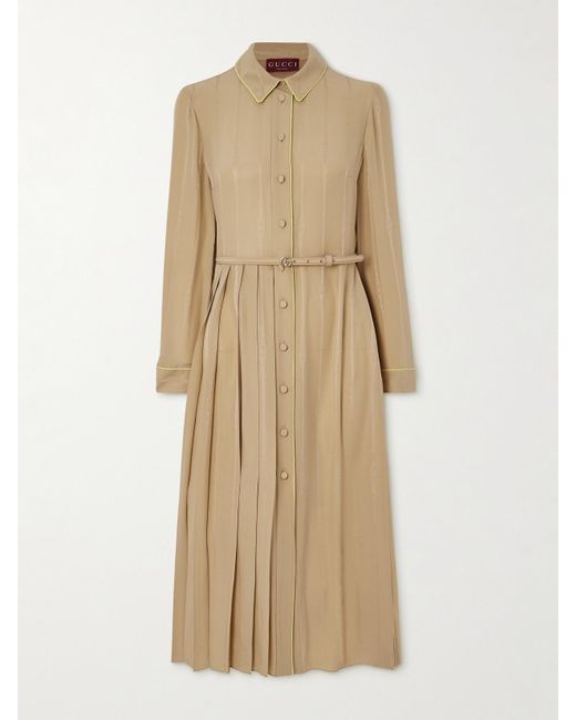 Gucci Natural Belted Pleated Silk-Jacquard Midi Shirt Dress