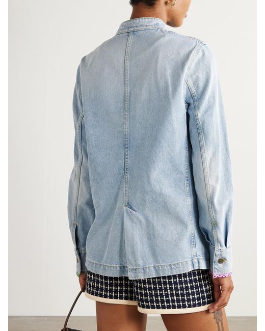 Valentino Garavani Blue Embellished Printed Chiffon-Trimmed Denim Jacket