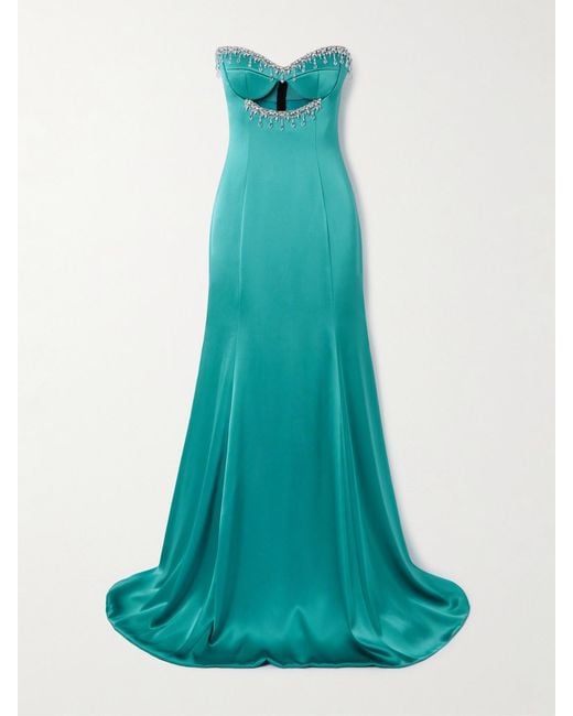 Sabina Bilenko Blue Strapless Cutout Crystal-Embellished Satin Gown