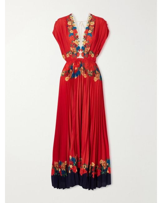 LaDoubleJ Red Accordion Pleated Floral-Print Crepe De Chine Maxi Dress