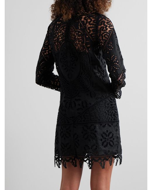 Ulla Johnson Black Eleni Guipure Lace-Trimmed Linen Mini Dress
