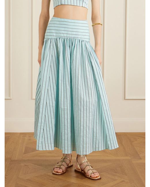 Staud Blue Procida Pleated Striped Cotton-Blend Poplin Midi Skirt