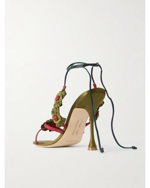 Manolo Blahnik Metallic Palissot 105 Leather-Trimmed Appliquéd Grosgrain And Satin Sandals