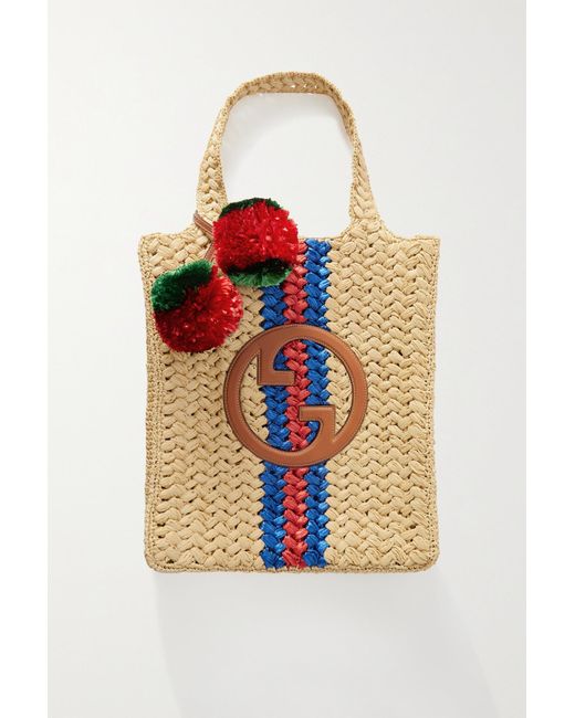 Gucci Embellished Leathertrimmed Crocheted Raffia Tote in Red Lyst