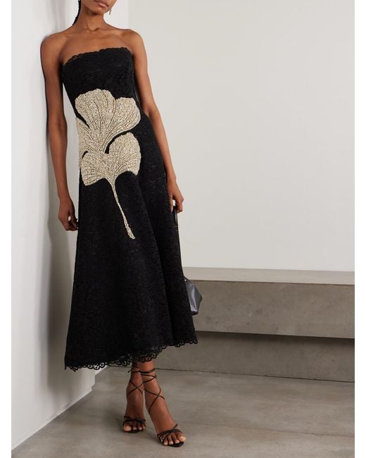 Costarellos Black Hallis Strapless Crystal-Embellished Corded Lace Midi Dress