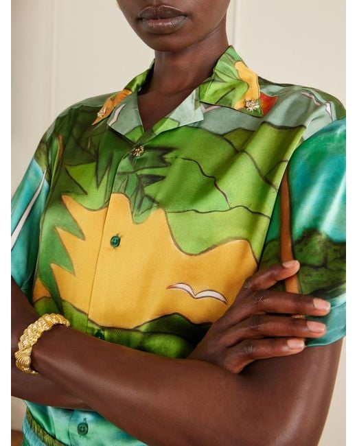 Donde Esteban Green Magdalena Printed Silk-Blend Satin Shirt