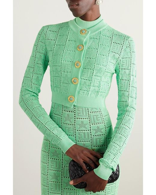 Balmain Green Cropped Pointelle-Knit Cardigan