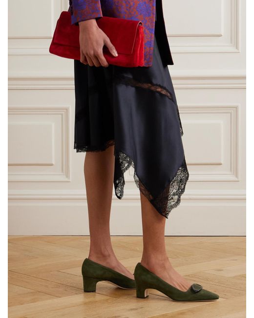 Manolo Blahnik Green Fenix 50 Buckled Suede Pumps