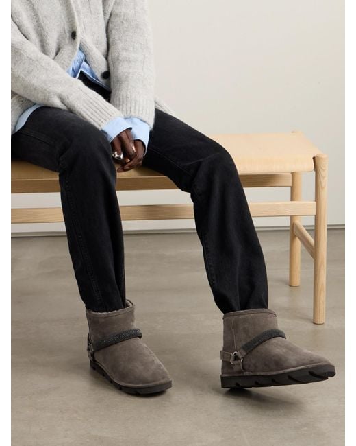 Brunello Cucinelli Brown Stiefel Aus Shearling Mit Zierperlen