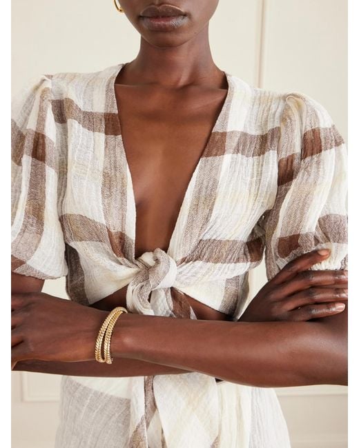 Lisa Marie Fernandez Natural Pouf Cropped Checked Linen-Blend Crepon Blouse