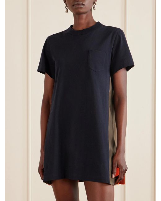 Sacai Blue Shell-Paneled Cotton-Blend Jersey Mini Dress
