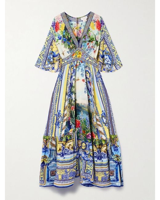 Camilla Blue Fitted-Waist Silk Maxi Dress