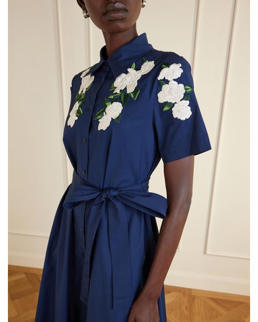 Carolina Herrera Blue Belted Floral-Embroidered Cotton-Blend Midi Dress