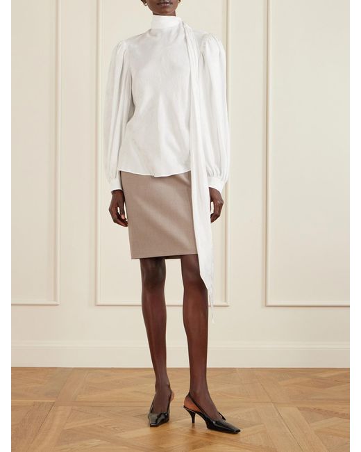 Gucci White Tie-Detailed Floral-Jacquard Satin-Crepe Blouse