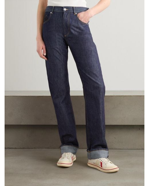 Bottega Veneta Blue Intrecciato Suede-Trimmed Mid-Rise Straight-Leg Jeans