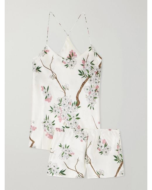 Olivia Von Halle Natural Bella Floral-Print Silk-Satin Pajama Set