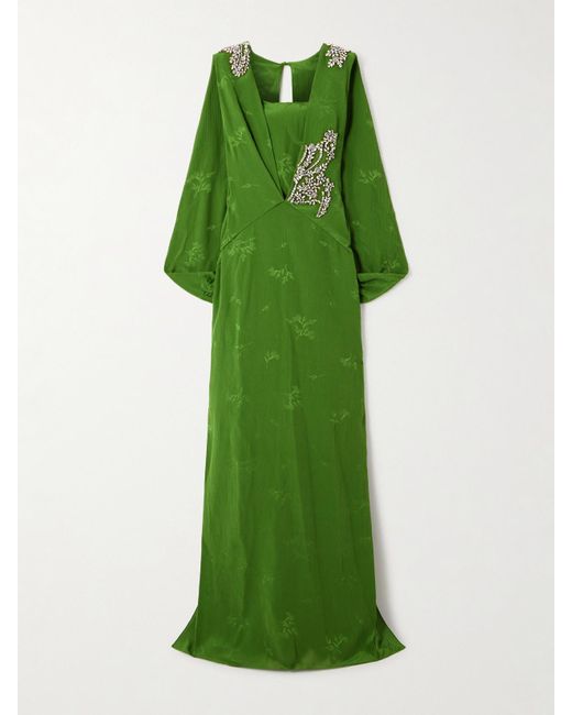 Erdem Green Crystal-Embellished Silk And Cotton-Blend Jacquard Gown