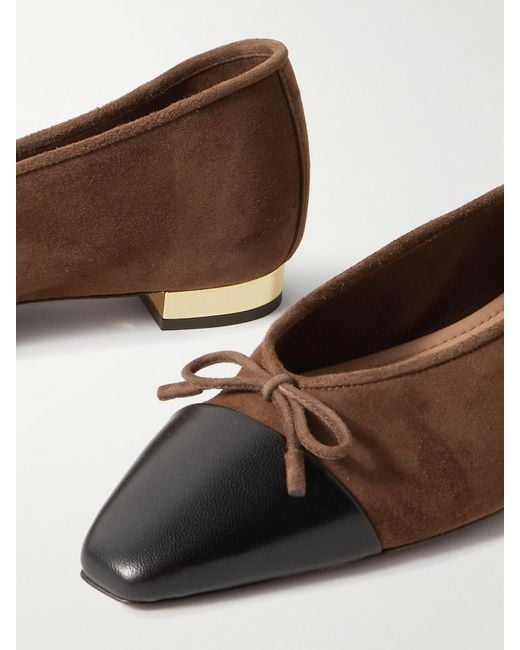 Aquazzura Brown Gioia Bow-Detailed Leather-Trimmed Suede Ballet Flats