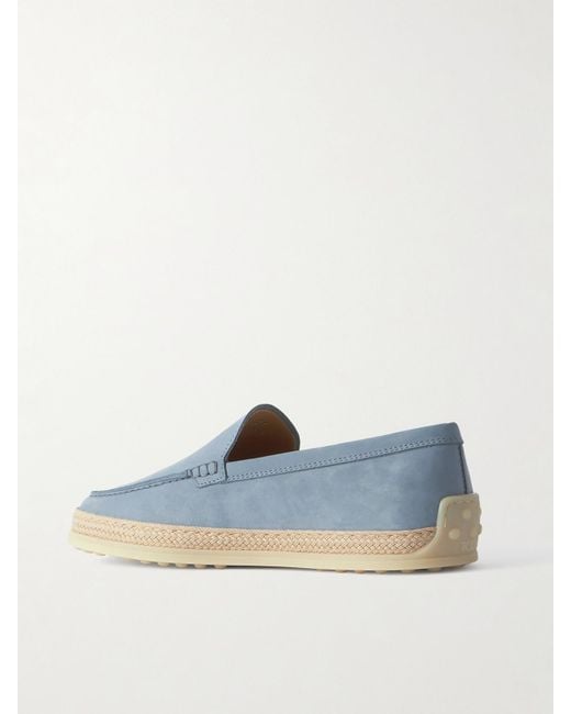 Tod's Blue Gomma Raffia-Trimmed Nubuck Loafers