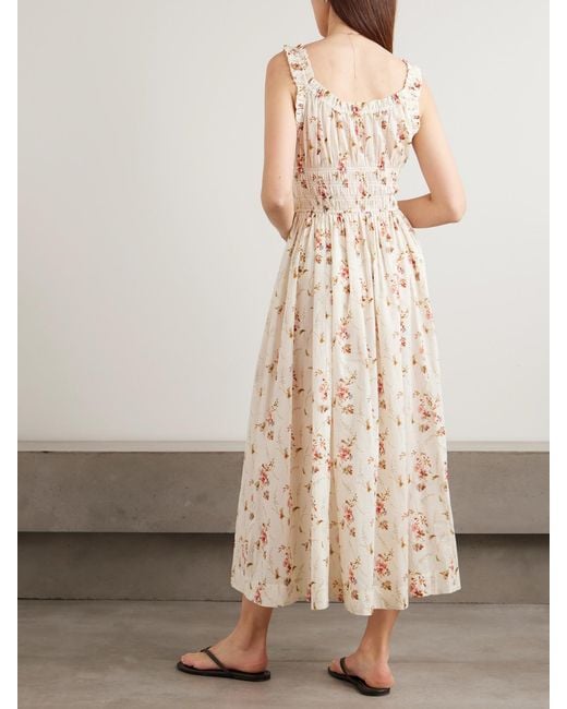 Doen Natural Emmaretta Tie-Detailed Shirred Floral-Print Organic Cotton Midi Dress