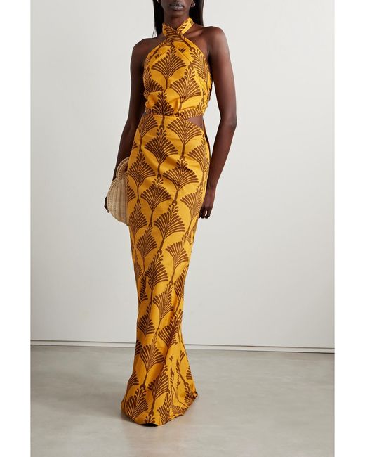 Johanna Ortiz Metallic Net Sustain Lake Nakuru Cutout Printed Cotton Halterneck Maxi Dress