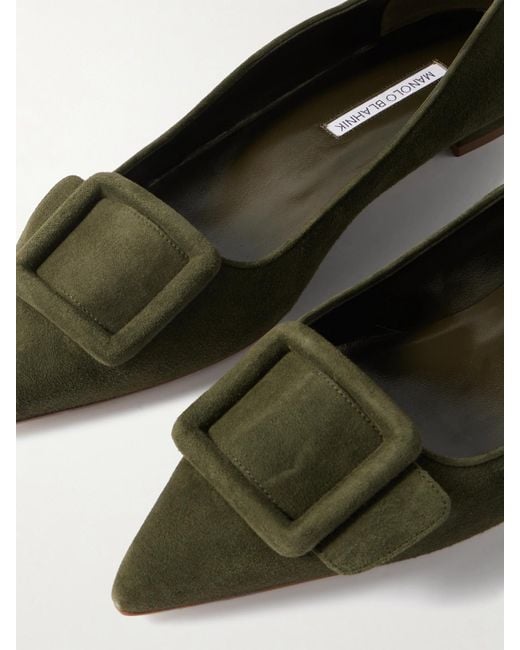 Manolo Blahnik Green Maysale Buckled Suede Point-Toe Flats