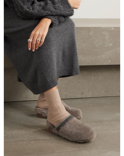 Brunello Cucinelli Brown Clogs Aus Shearling Mit Zierperlen