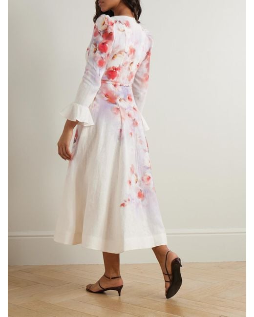 Zimmermann Pink Crush Midikleid Aus Leinen Mit Blumenprint Und Gürtel