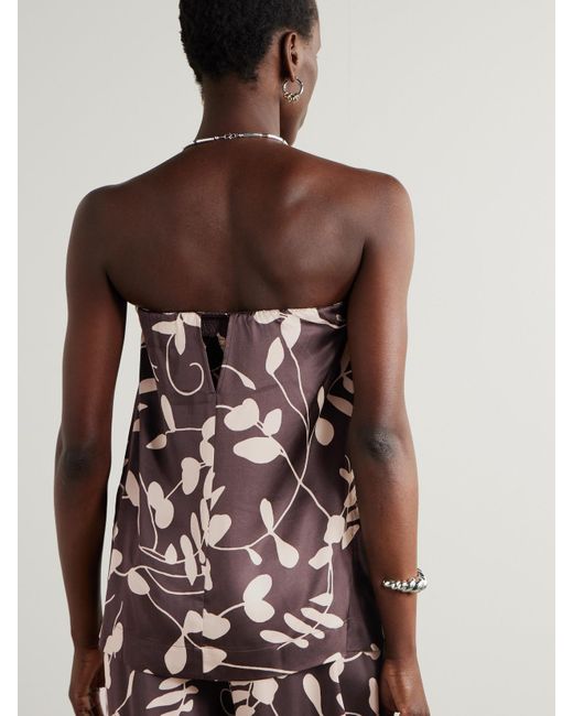 Faithfull The Brand Brown Chambien Strapless Gathered Floral-Print Crepe Top