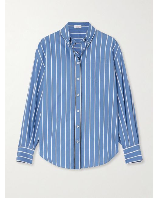 Brunello Cucinelli Blue Bead-Embellished Striped Cotton And Silk-Blend Poplin Shirt