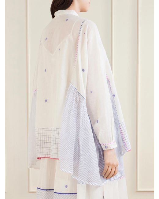 Eka White Cosmos Handwoven Cotton-Jamdani Blouse Patched With Printed Stripes