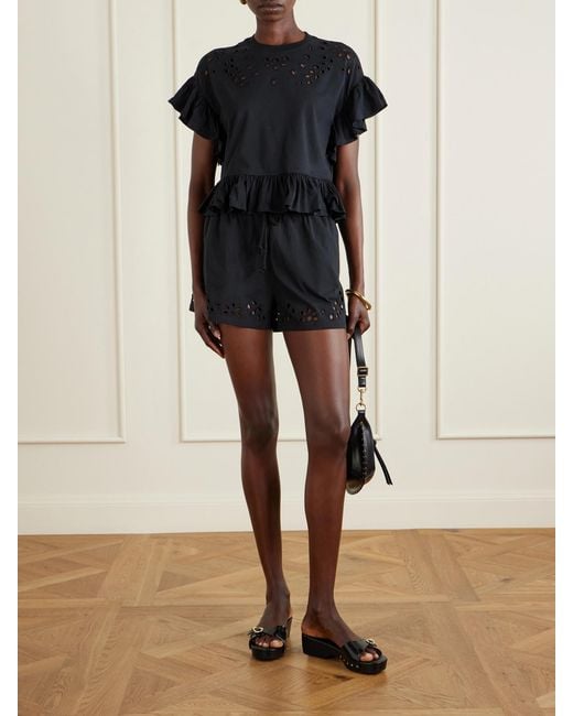 Ulla Johnson Black Mariana Ruffled Broderie Anglaise Organic Cotton-Jersey Blouse