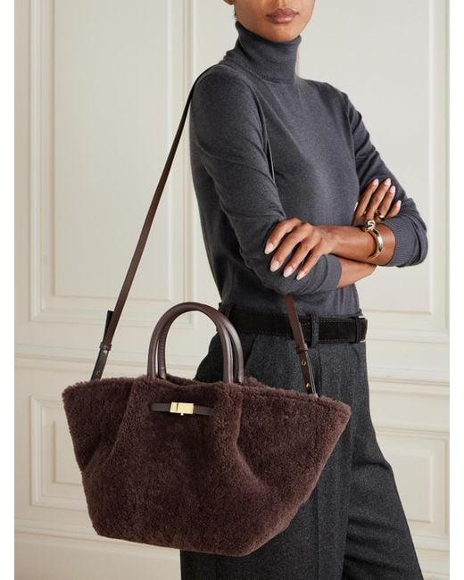 DeMellier London Brown New York Midi Leather-Trimmed Shearling Tote