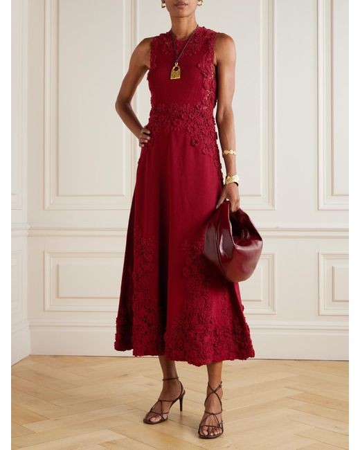 Ulla Johnson Red Genoveva Crocheted Lace-Trimmed Cotton-Blend Midi Dress