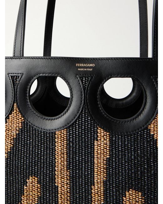 Ferragamo Black Leather-Trimmed Raffia Tote