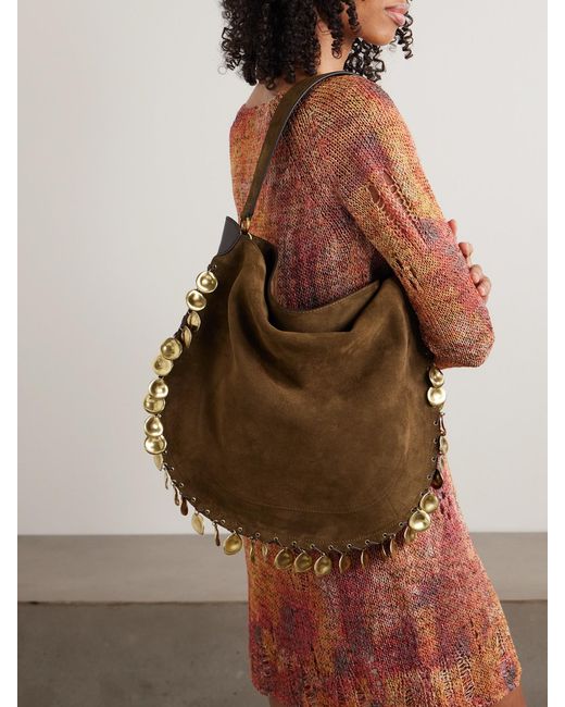 Isabel Marant Brown Oskan Soft Embellished Leather-Trimmed Suede Shoulder Bag