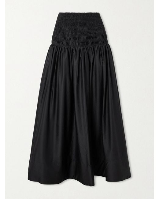 Self-Portrait Black Shirred Cotton-Sateen Midi Skirt