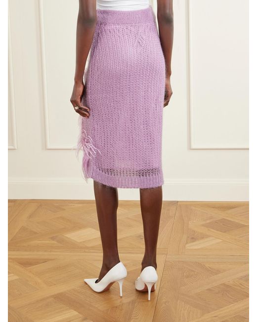 The Attico Purple Feather-Trimmed Crochet-Knit Midi Skirt