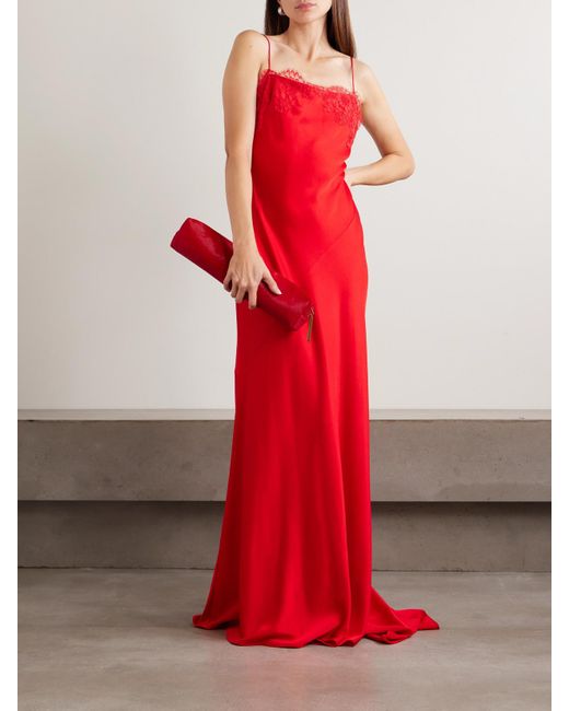 Alex Perry Red Lace-Trimmed Satin-Crepe Gown