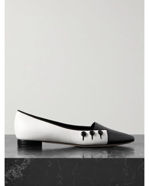 Manolo Blahnik White Seleuka Button-Embellished Leather Point-Toe Flats