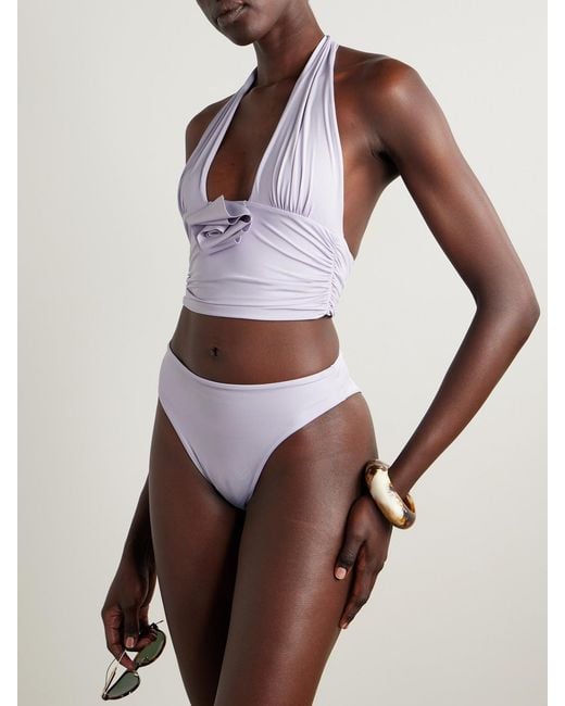 Maygel Coronel White Vives Appliquéd Ruched Halterneck Bikini