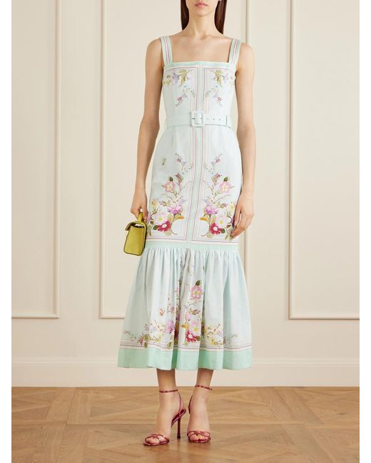 Self-Portrait White Belted Floral-Print Linen And Cotton-Blend Midi Dress