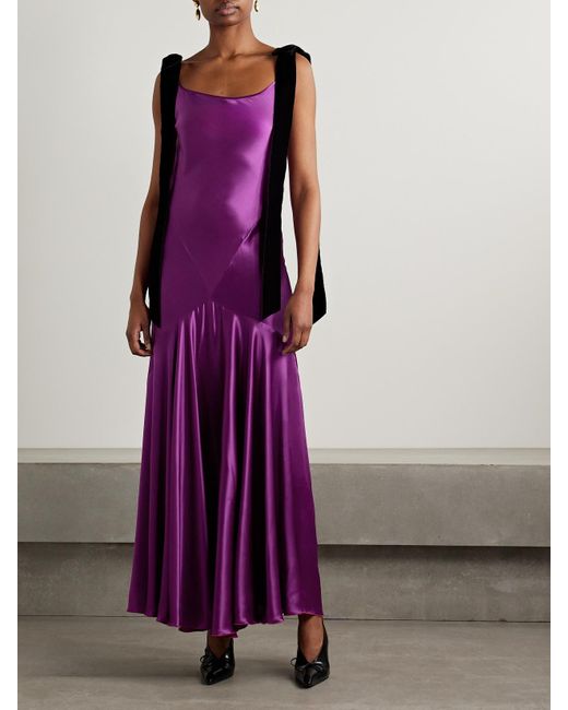 Nina Ricci Purple Maxikleid Aus Satin Mit Samtbesätzen Zum Binden